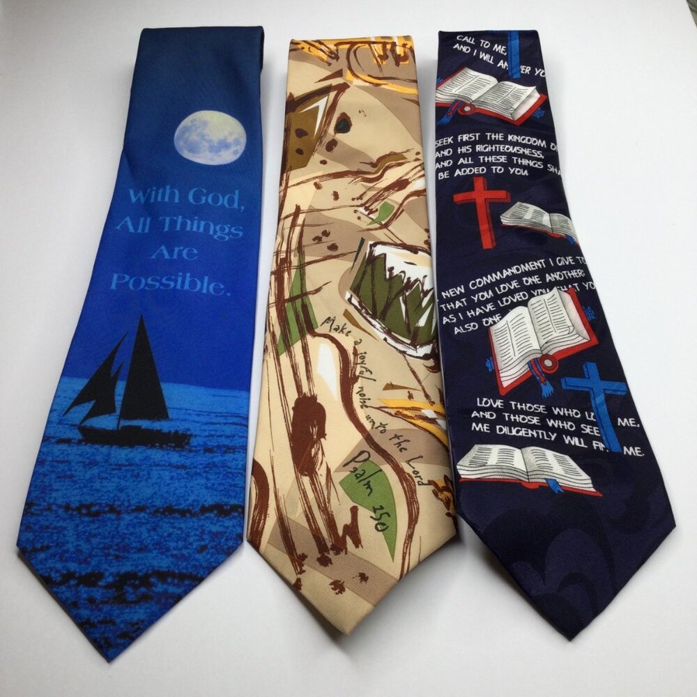 Vintage Religious Themed Neck Ties Lot 3 Cross Bible Verse Pastor Teacher Church
